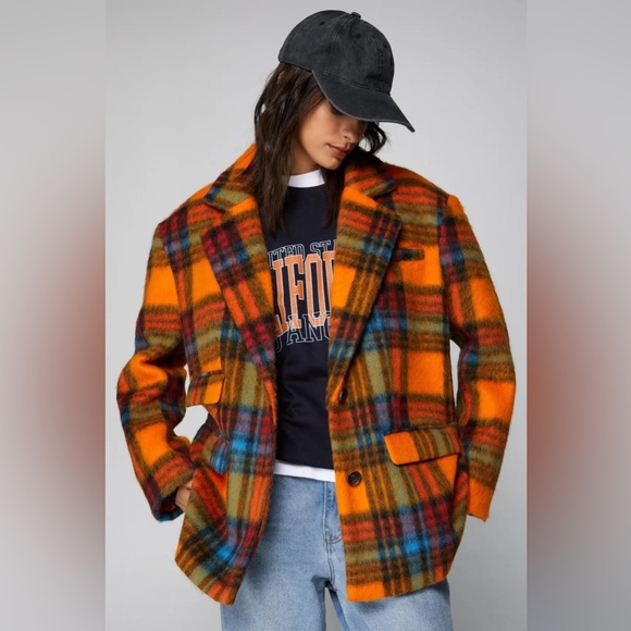 NWT! NASTY GAL Premium Wool Blend Oversized Orange Plaid Stripe Blazer Coat - Picture 16 of 16